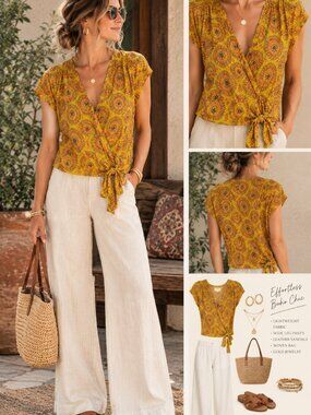 Maeve Yellow Patterned Tie-Front Cap Sleeve Blouse